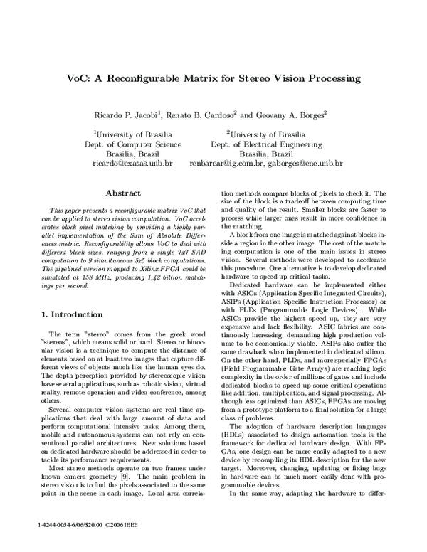(PDF) VoC: a Reconfigurable Matrix for Stereo Vision Processing
