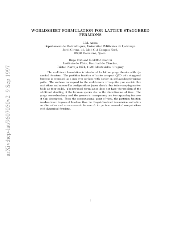 (PDF) World sheet formulation for lattice staggered fermions