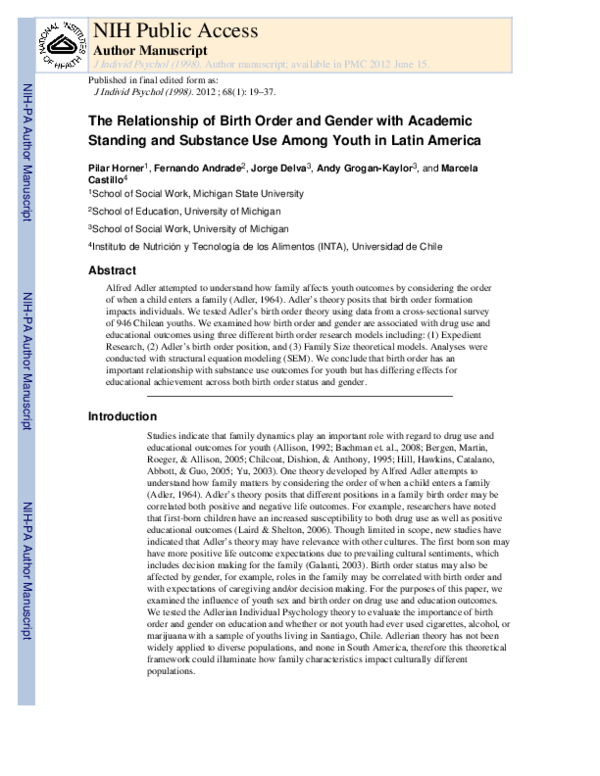 (PDF) The Relationship of Birth Order and Gender with Academic Standing ...