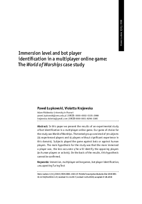 (PDF) Immersion level and bot player identification in a multiplayer ...