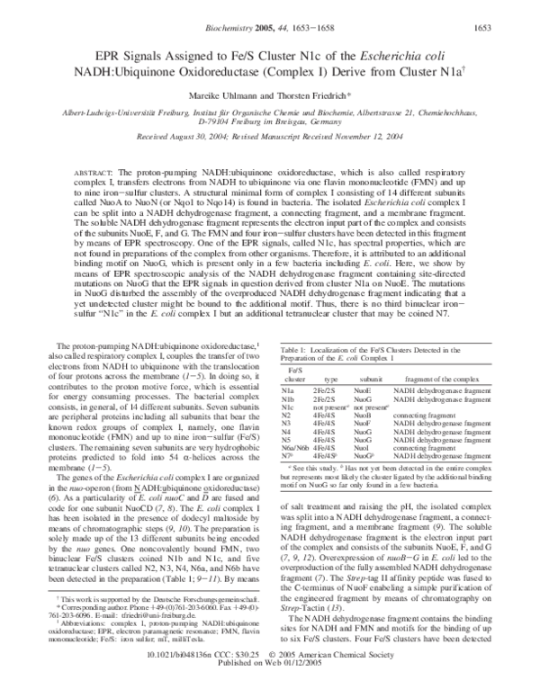 (PDF) EPR Signals Assigned to Fe/S Cluster N1c of the Escherichia coli ...