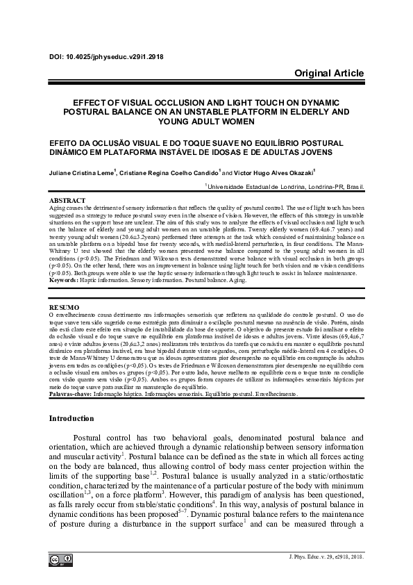 (PDF) Effect of Visual Occlusion and Light Touch on Dynamic Postural ...