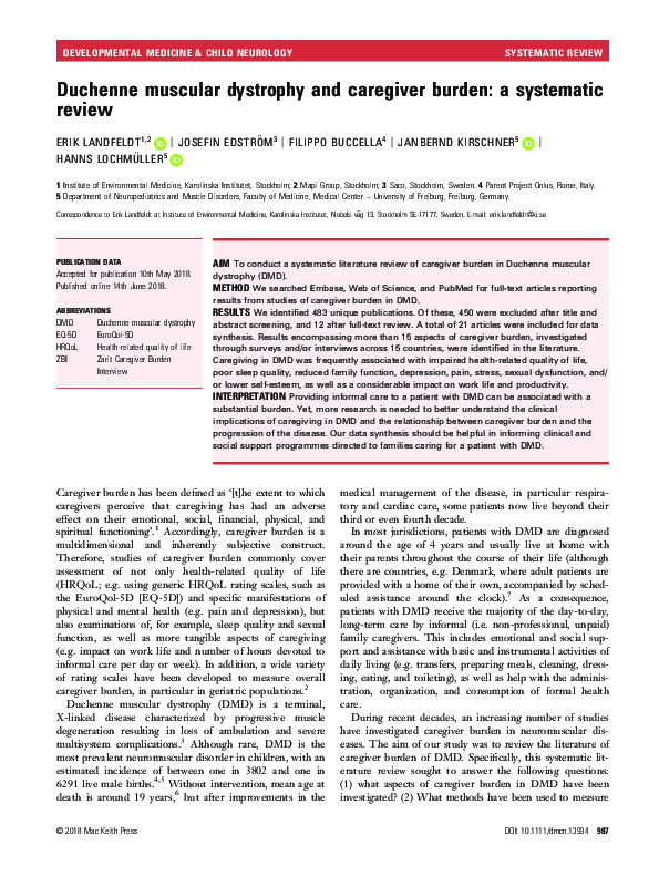 (PDF) Duchenne muscular dystrophy and caregiver burden: a systematic review