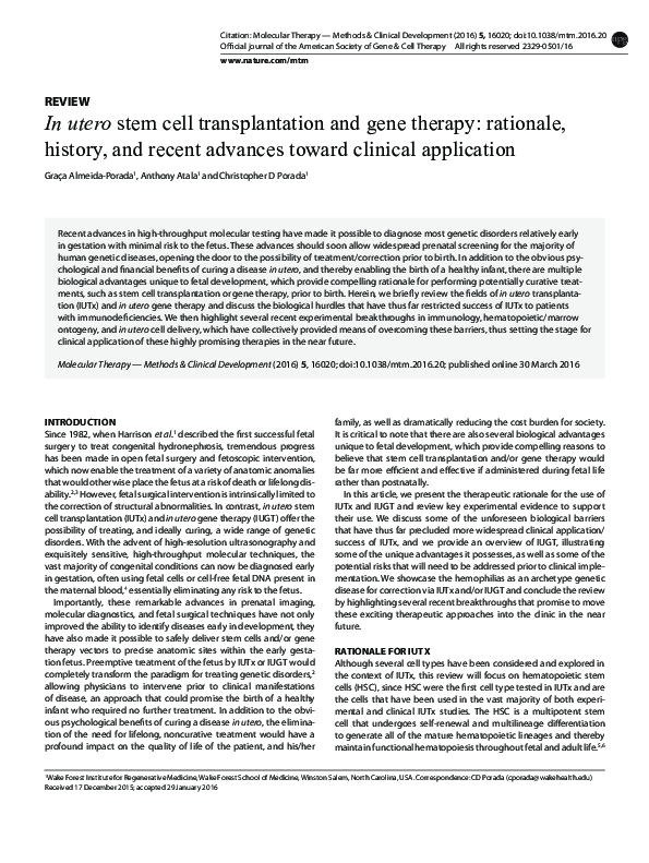 (PDF) In utero stem cell transplantation and gene therapy: rationale ...