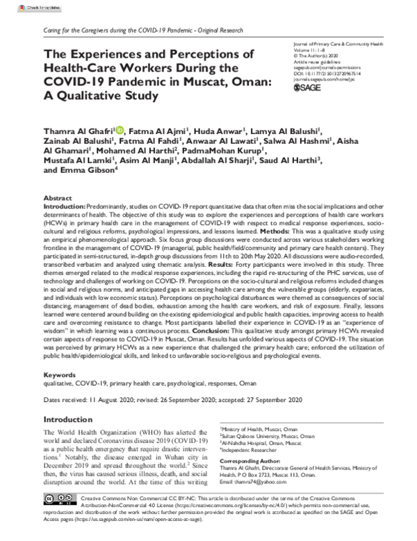 (PDF) The Experiences and Perceptions of Health-Care Workers During the ...