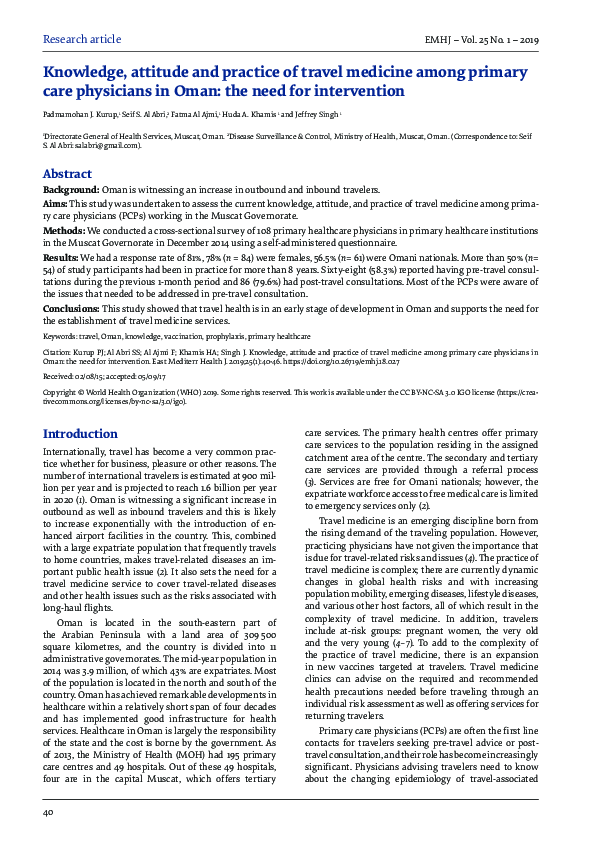 (PDF) Knowledge, attitude and practice of travel medicine among primary ...