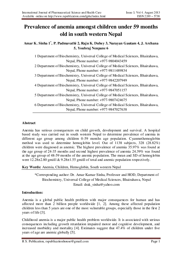 (PDF) Prevalence of anemia amongst children under 59 months old in ...