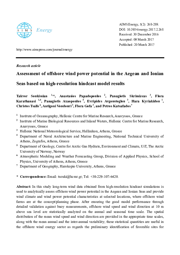 (PDF) Assessment of offshore wind power potential in the Aegean and ...
