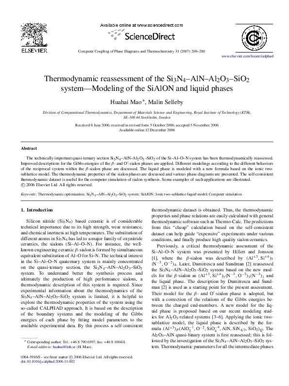 (PDF) Thermodynamic reassessment of the Si3N4–AlN–Al2O3–SiO2 system ...