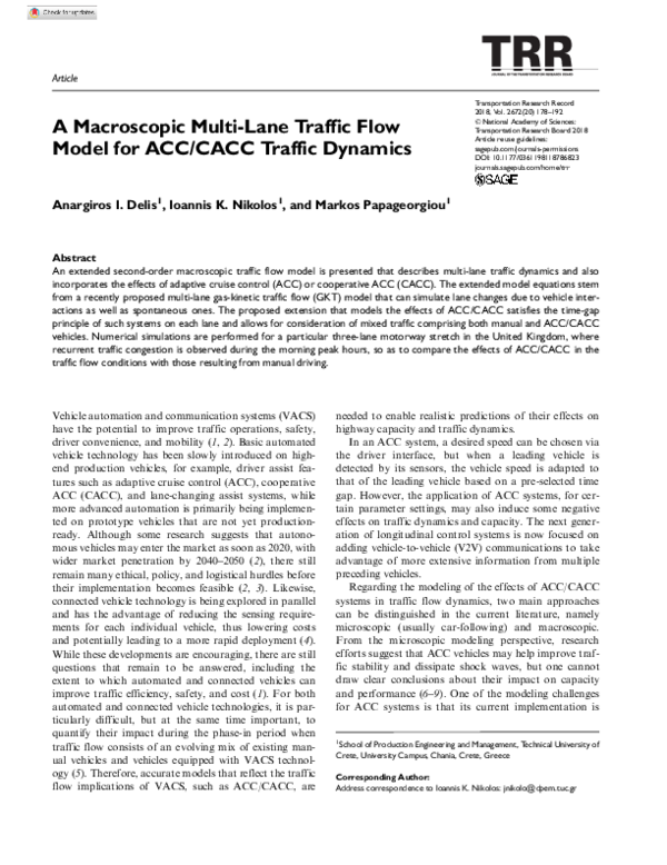 (PDF) A Macroscopic Multi-Lane Traffic Flow Model for ACC/CACC Traffic ...