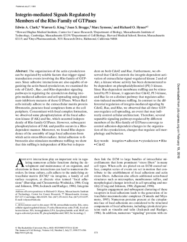 (PDF) Integrin-mediated signals regulated by members of the rho family ...
