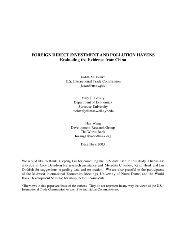 (PDF) Foreign direct investment and pollution havens evaluating the