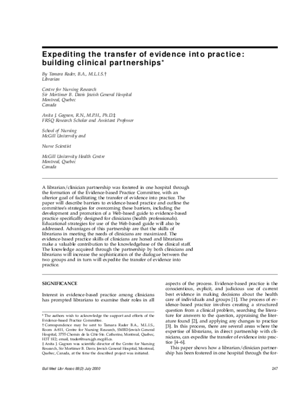 (PDF) Expediting the transfer of evidence into practice: building ...