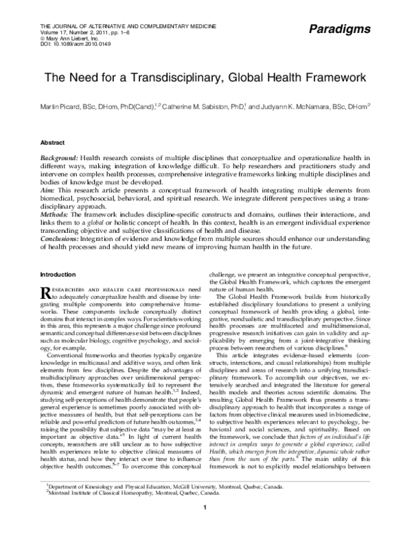 (PDF) The Need for a Transdisciplinary, Global Health Framework