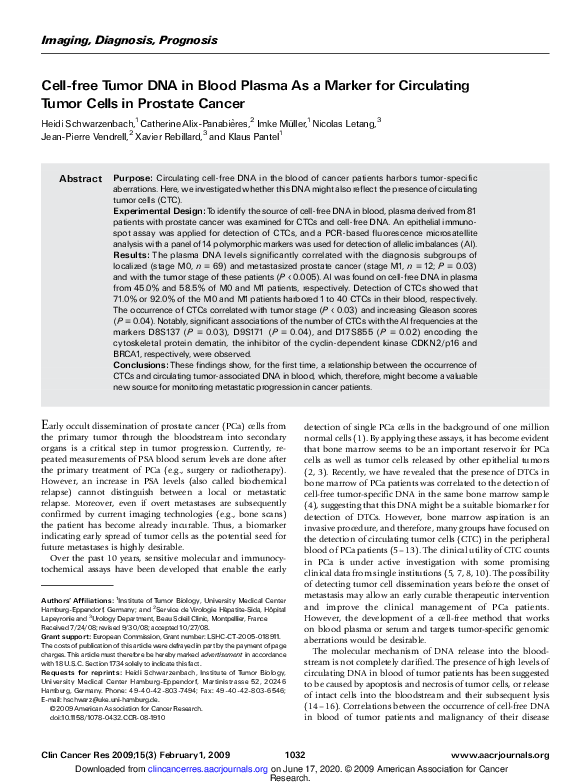 (PDF) Cell-free Tumor DNA in Blood Plasma As a Marker for Circulating ...