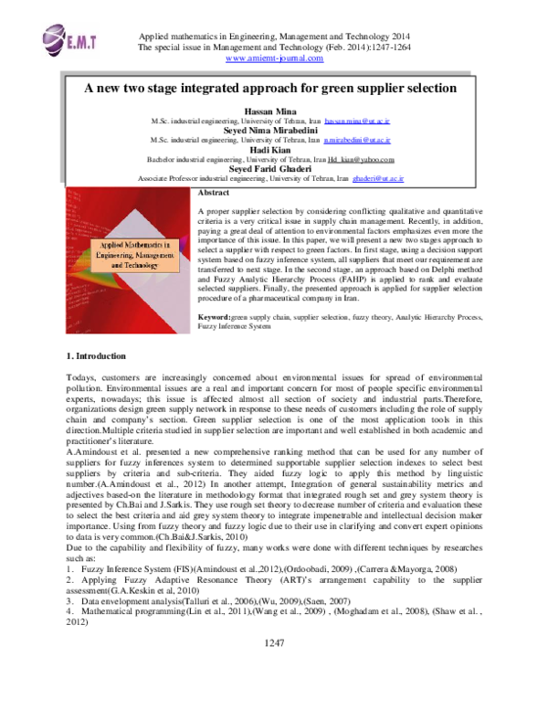 (PDF) A new two stage integrated approach for green supplier selection