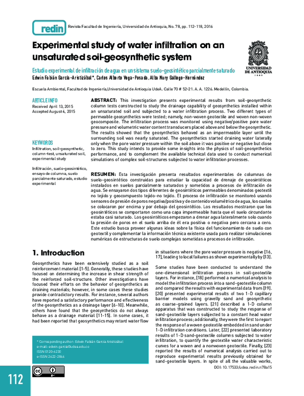 (PDF) Experimental study of water infiltration on an unsaturated soil ...