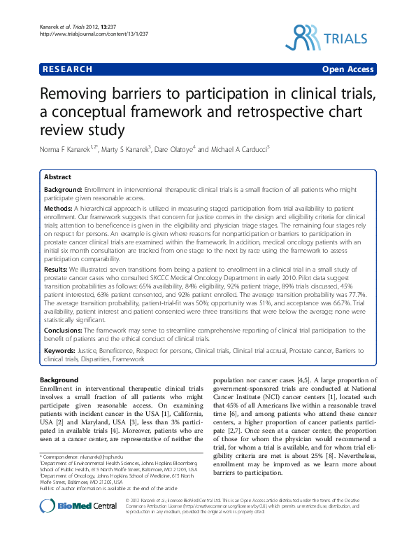 (PDF) Removing barriers to participation in clinical trials, a conceptual framework and