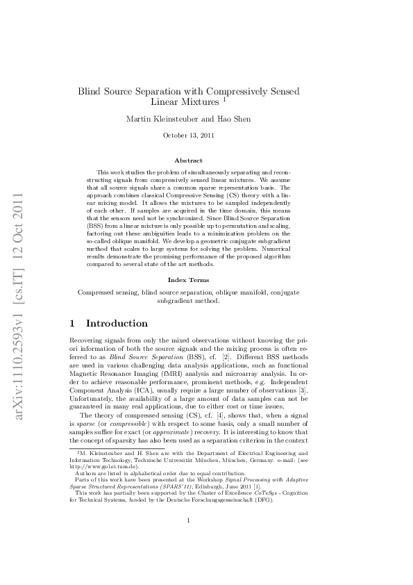(PDF) Blind Source Separation With Compressively Sensed Linear Mixtures
