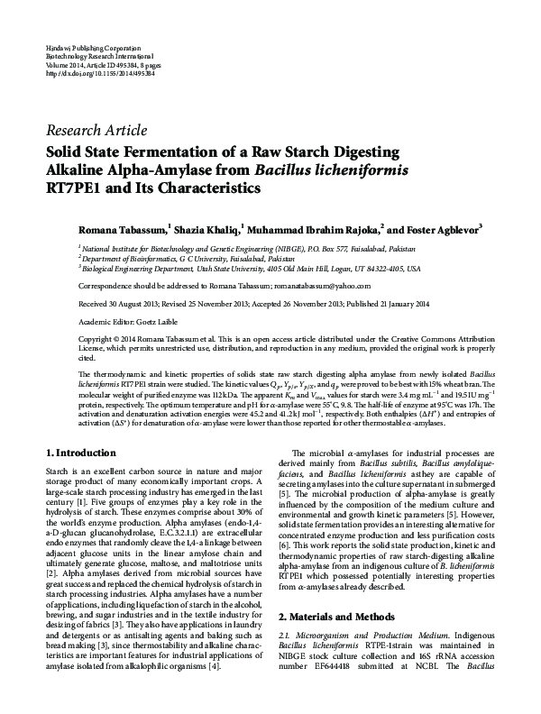 (PDF) Solid State Fermentation of a Raw Starch Digesting Alkaline Alpha ...