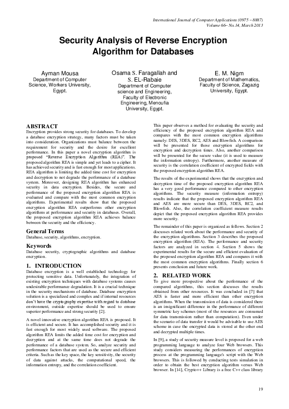 (PDF) Security Analysis of Reverse Encryption Algorithm for Databases