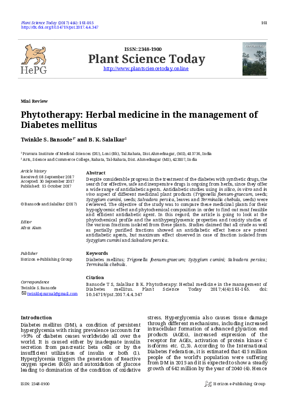 (PDF) Phytotherapy: Herbal medicine in the management of Diabetes mellitus