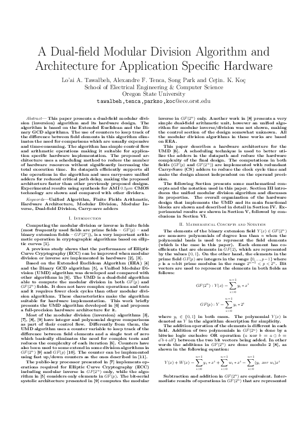 (PDF) A Dual-field Modular Division Algorithm and Architecture for ...