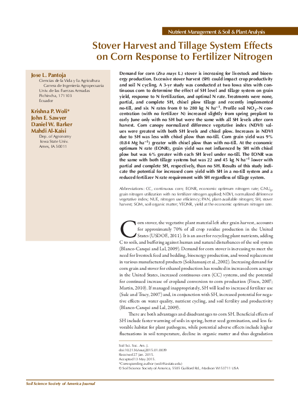 (PDF) Stover Harvest and Tillage System Effects on Corn Response to ...