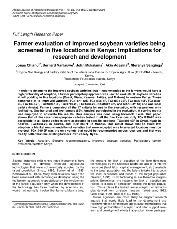 (PDF) Farmer evaluation of improved soybean varieties being screened in five locations in Kenya