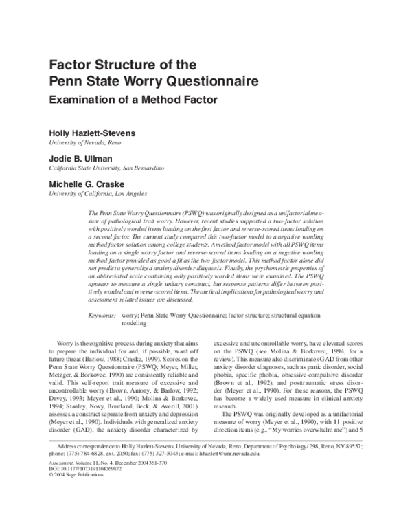 (PDF) Factor structure of the Penn State Worry Questionnaire