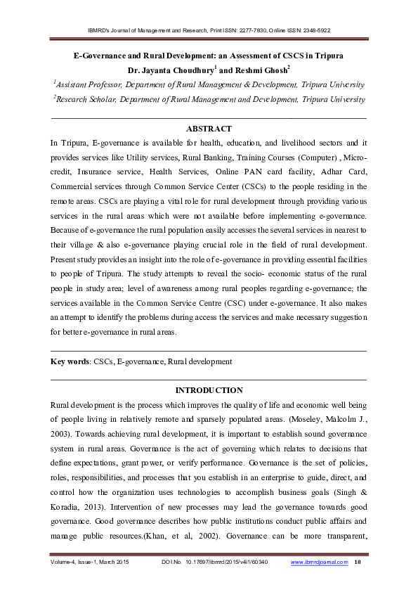(PDF) E-Governance and Rural Development: An Assessment of CSCS in Tripura