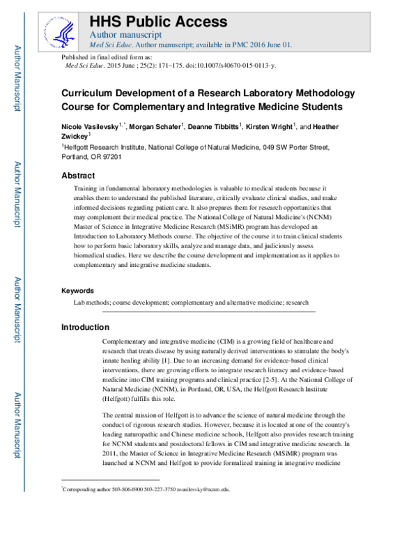(PDF) Curriculum Development of a Research Laboratory Methodology ...