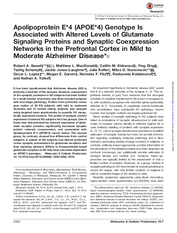 (PDF) APOE*4 genotype is associated with altered levels of glutamate ...