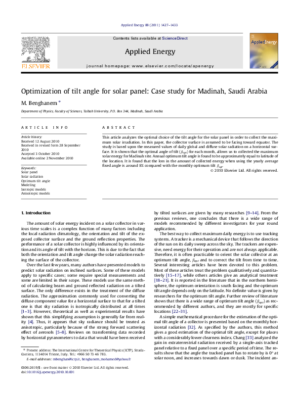 (PDF) Optimization of tilt angle for solar panel: Case study for ...