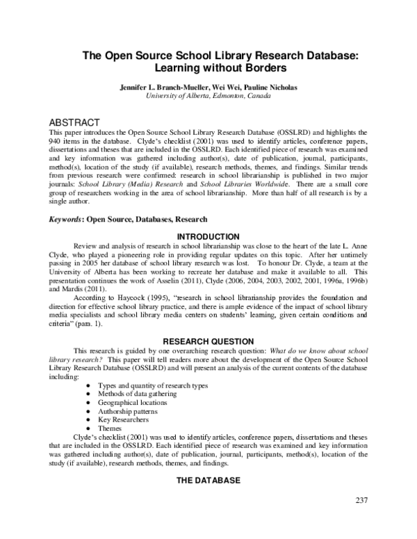 (PDF) The Open Source School Library Research Database: Learning ...