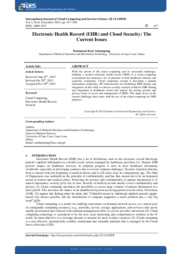 (PDF) Electronic Health Record (EHR) and Cloud Security: The Current Issues