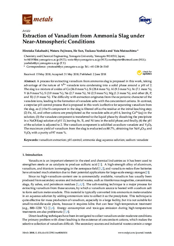 (PDF) Extraction of Vanadium from Ammonia Slag under Near-Atmospheric ...