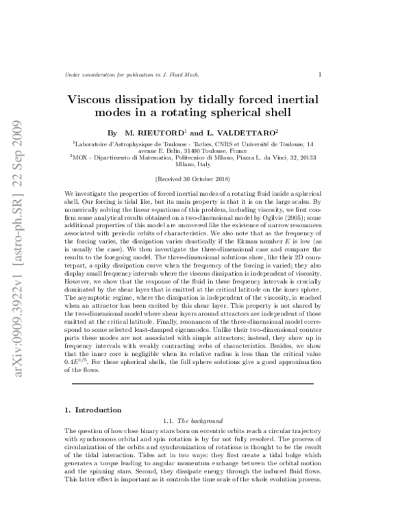 (PDF) Viscous dissipation by tidally forced inertial modes in a ...