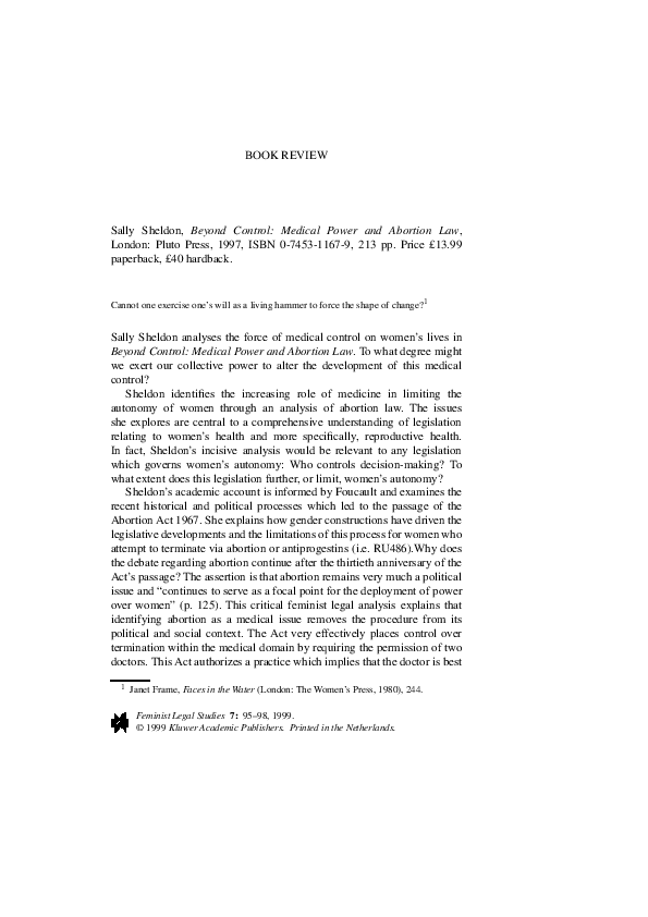 (PDF) Sally Sheldon, Beyond Control: Medical Power and Abortion Law