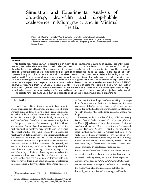 (PDF) Simulation and experimental analysis of coalescence of drops and ...