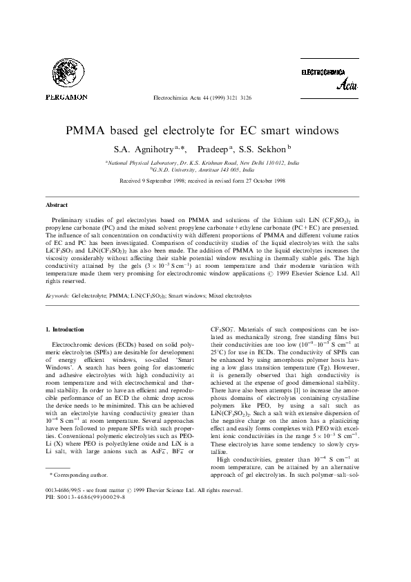 (PDF) PMMA based gel electrolyte for EC smart windows