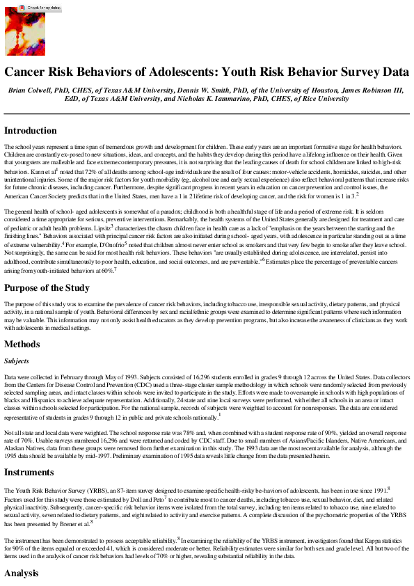 (PDF) Cancer Risk Behaviors of Adolescents: Youth Risk Behavior Survey Data