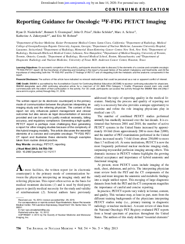 (PDF) Reporting Guidance for Oncologic 18F-FDG PET/CT Imaging