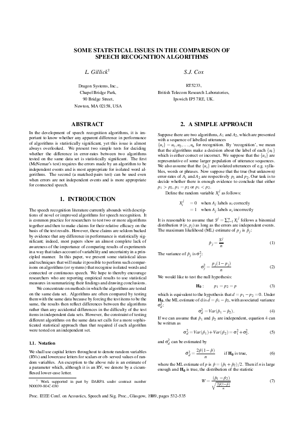 (PDF) Some statistical issues in the comparison of speech recognition ...