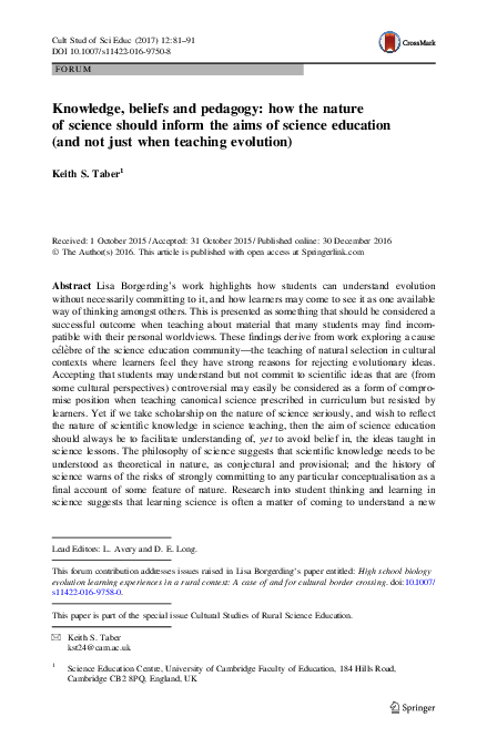 (PDF) Knowledge, beliefs and pedagogy: how the nature of science should ...