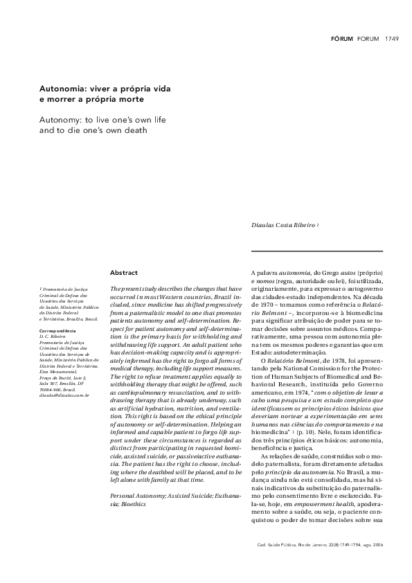 (PDF) Autonomy: to live one's own life and to die one's own death