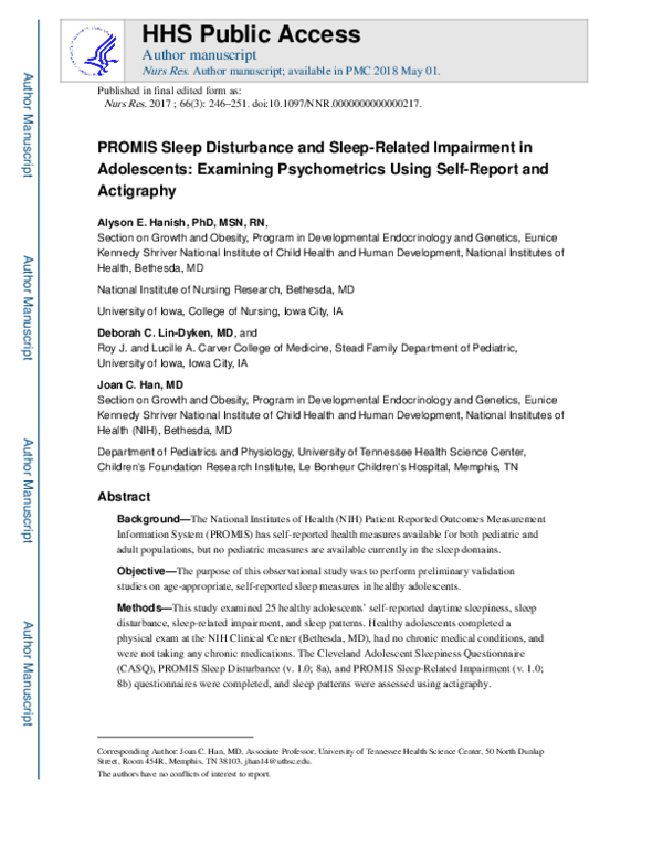 (PDF) PROMIS Sleep Disturbance and Sleep-Related Impairment in Adolescents