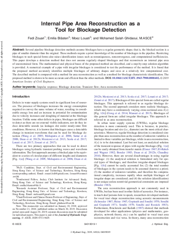 (PDF) Internal Pipe Area Reconstruction as a Tool for Blockage Detection