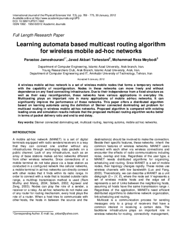 (PDF) Learning automata based multicast routing algorithm for wireless ...