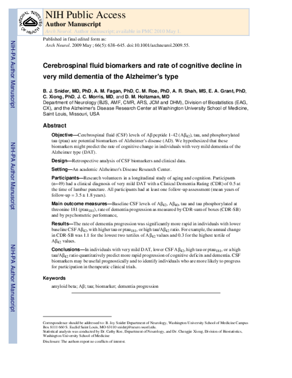 (PDF) Cerebrospinal Fluid Biomarkers and Rate of Cognitive Decline in ...